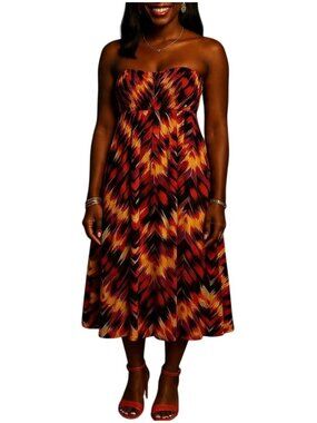 Attention Size Medium Dress Maxi Smocked Strapless Zigzag Print Multicolor